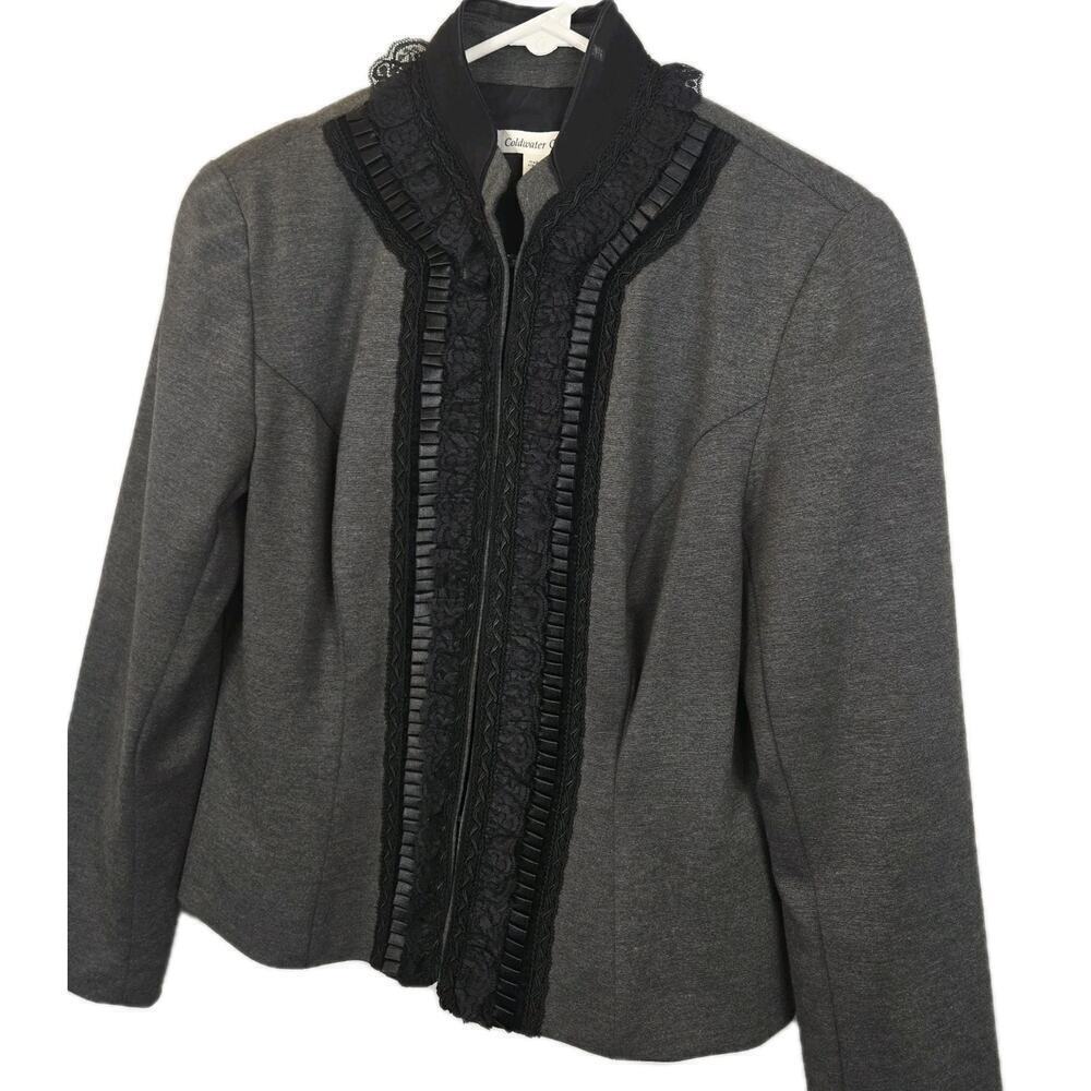 Coldwater Creek Sz 12P Gray Ponte Knit Ruffle Lace Mandarin Collar Jacket Women